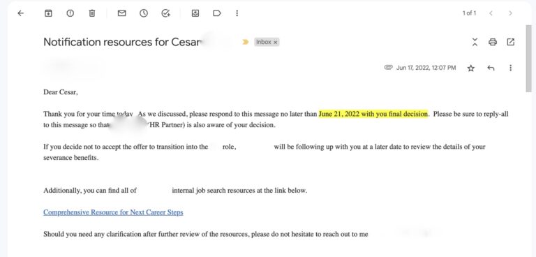 Final Decision Job email screen shot take demotion or be laid off