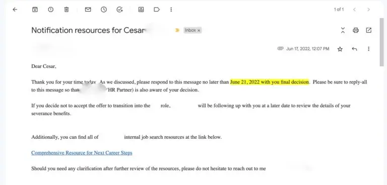 Final Decision Job email screen shot to take demotion or be laid off